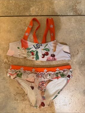 Molo Kids Orange Star Strap Bikini with Cherry & Ice Cream Print
